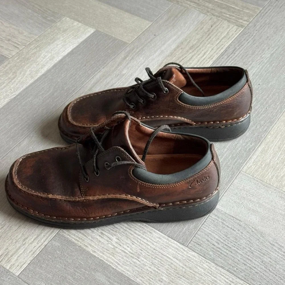 Clarks Leather Brown Oxford Dress Casual Comfort Lace Up Shoes Men's‎ Size 11W